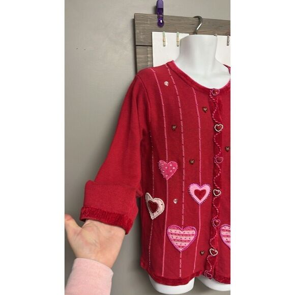 The Quacker Factory Valentine Cardigan Sweater Beaded Hearts Red/Pink Medium - Picture 5 of 16